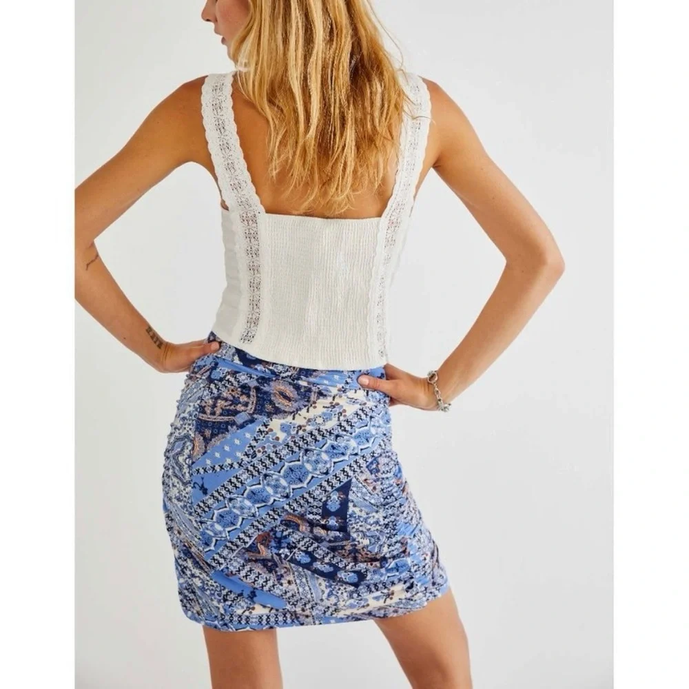 Free People Shes Something Else Mini Skirt True Blue Combo Sz M Ruched Layers